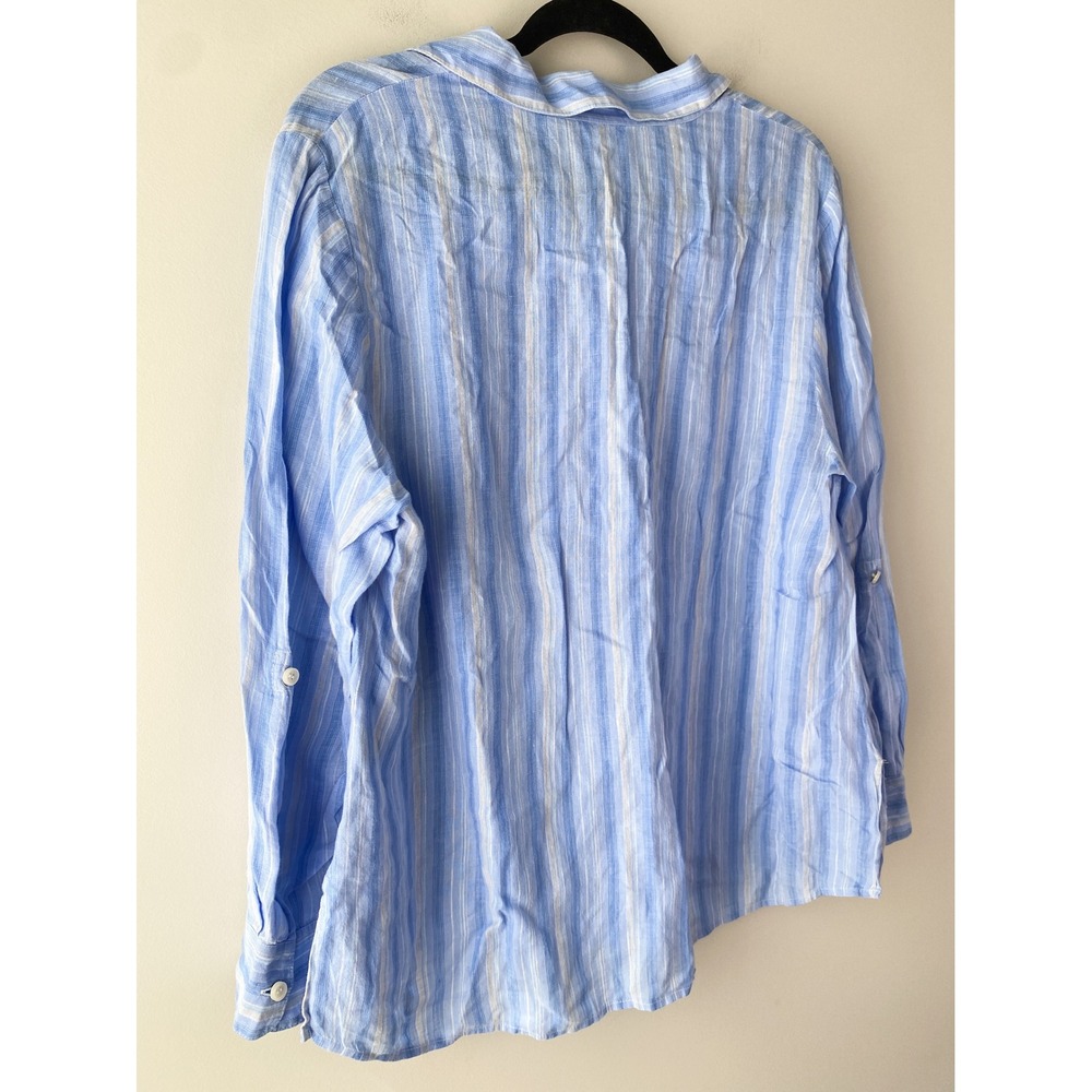 Coldwater Creek Womens 100% Linen Popover Blouse L Petite Blue Striped Coastal - Picture 6 of 9